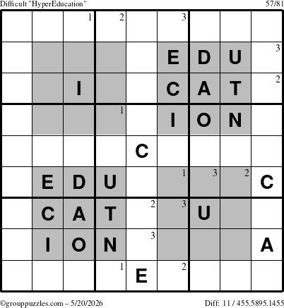 The grouppuzzles.com Difficult HyperEducation-i23 puzzle for Wednesday May 20, 2026 with the first 3 steps marked