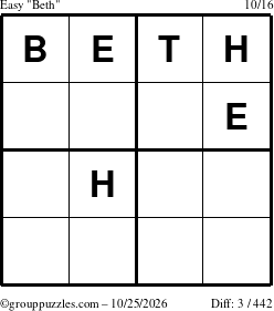 The grouppuzzles.com Easy Beth puzzle for Sunday October 25, 2026