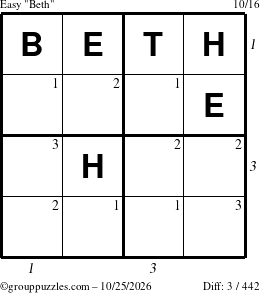 The grouppuzzles.com Easy Beth puzzle for Sunday October 25, 2026, suitable for printing, with all 3 steps marked