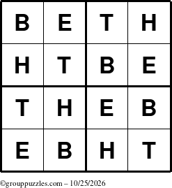 The grouppuzzles.com Answer grid for the Beth puzzle for Sunday October 25, 2026