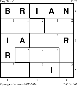 The grouppuzzles.com Easy Brian puzzle for Sunday October 25, 2026, suitable for printing, with all 3 steps marked