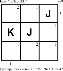 The grouppuzzles.com Easy TicTac-JKL puzzle for Sunday October 25, 2026, suitable for printing, with all 2 steps marked