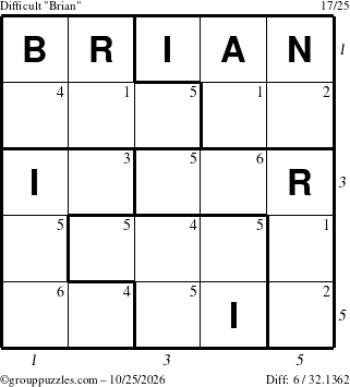 The grouppuzzles.com Difficult Brian puzzle for Sunday October 25, 2026, suitable for printing, with all 6 steps marked
