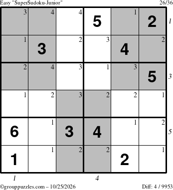 The grouppuzzles.com Easy SuperSudoku-Junior puzzle for Sunday October 25, 2026 with all 4 steps marked