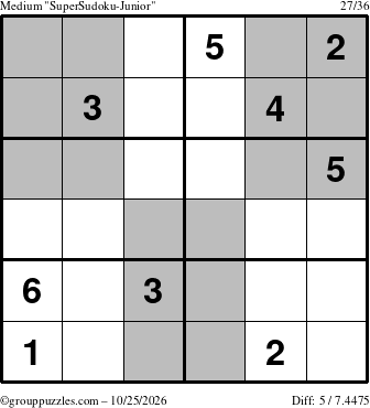 The grouppuzzles.com Medium SuperSudoku-Junior puzzle for Sunday October 25, 2026