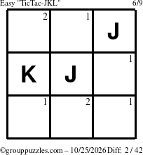 The grouppuzzles.com Easy TicTac-JKL puzzle for Sunday October 25, 2026 with the first 2 steps marked