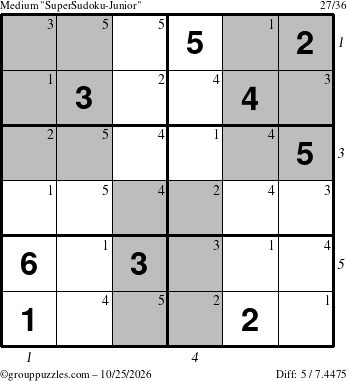 The grouppuzzles.com Medium SuperSudoku-Junior puzzle for Sunday October 25, 2026, suitable for printing, with all 5 steps marked
