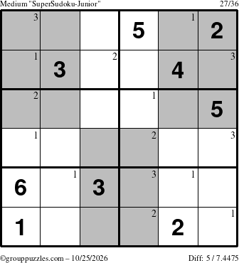 The grouppuzzles.com Medium SuperSudoku-Junior puzzle for Sunday October 25, 2026 with the first 3 steps marked