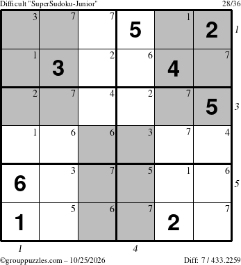 The grouppuzzles.com Difficult SuperSudoku-Junior puzzle for Sunday October 25, 2026, suitable for printing, with all 7 steps marked