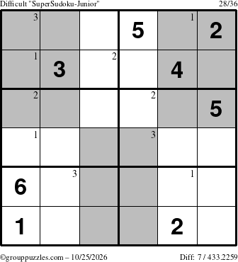 The grouppuzzles.com Difficult SuperSudoku-Junior puzzle for Sunday October 25, 2026 with the first 3 steps marked