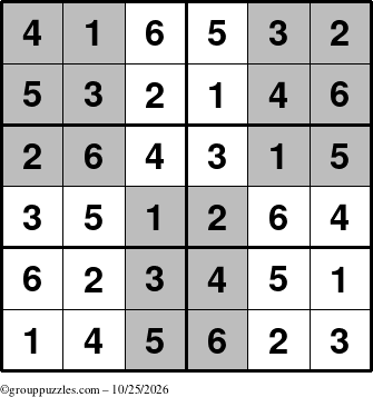 The grouppuzzles.com Answer grid for the SuperSudoku-Junior puzzle for Sunday October 25, 2026