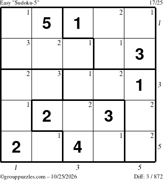 The grouppuzzles.com Easy Sudoku-5 puzzle for Sunday October 25, 2026, suitable for printing, with all 3 steps marked
