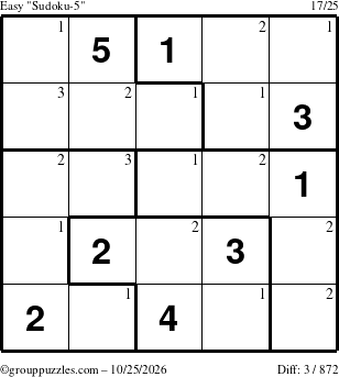 The grouppuzzles.com Easy Sudoku-5 puzzle for Sunday October 25, 2026 with the first 3 steps marked