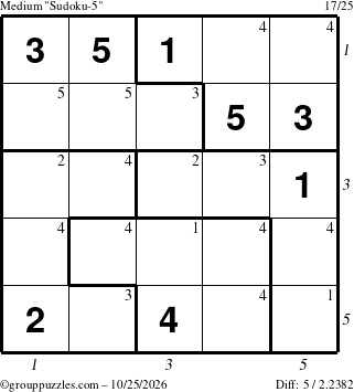 The grouppuzzles.com Medium Sudoku-5 puzzle for Sunday October 25, 2026 with all 5 steps marked