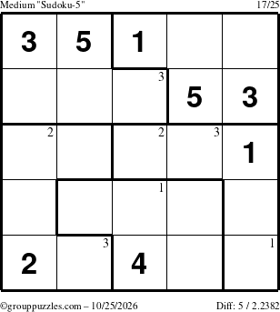 The grouppuzzles.com Medium Sudoku-5 puzzle for Sunday October 25, 2026 with the first 3 steps marked