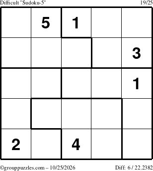 The grouppuzzles.com Difficult Sudoku-5 puzzle for Sunday October 25, 2026
