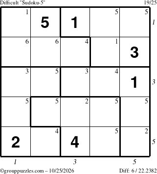 The grouppuzzles.com Difficult Sudoku-5 puzzle for Sunday October 25, 2026 with all 6 steps marked