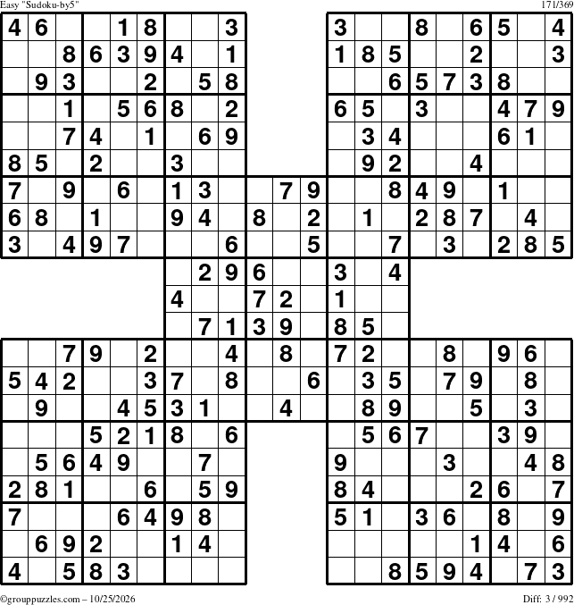 The grouppuzzles.com Easy Sudoku-by5 puzzle for Sunday October 25, 2026