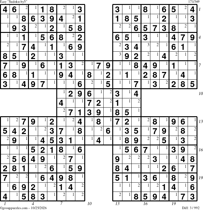 The grouppuzzles.com Easy Sudoku-by5 puzzle for Sunday October 25, 2026, suitable for printing, with all 3 steps marked