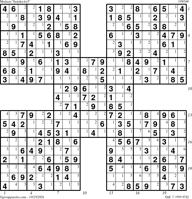 The grouppuzzles.com Medium Sudoku-by5 puzzle for Sunday October 25, 2026 with all 7 steps marked