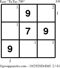 The grouppuzzles.com Easy TicTac-789 puzzle for Sunday October 25, 2026 with all 2 steps marked