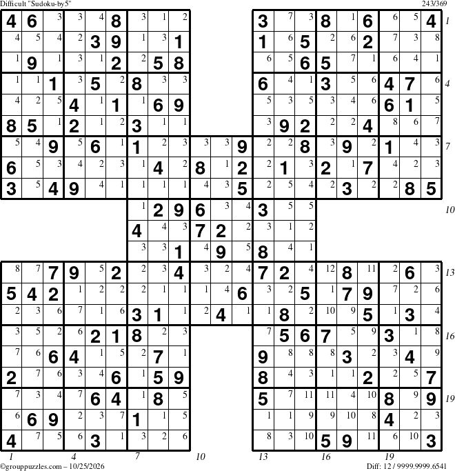The grouppuzzles.com Difficult Sudoku-by5 puzzle for Sunday October 25, 2026, suitable for printing, with all 12 steps marked