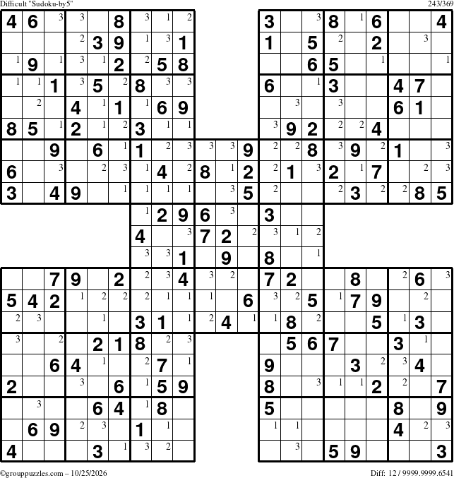 The grouppuzzles.com Difficult Sudoku-by5 puzzle for Sunday October 25, 2026 with the first 3 steps marked