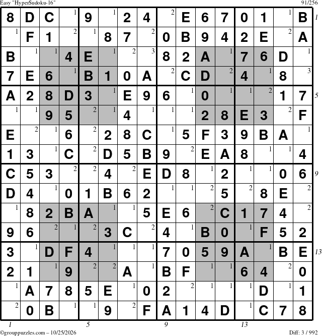 The grouppuzzles.com Easy HyperSudoku-16 puzzle for Sunday October 25, 2026 with all 3 steps marked