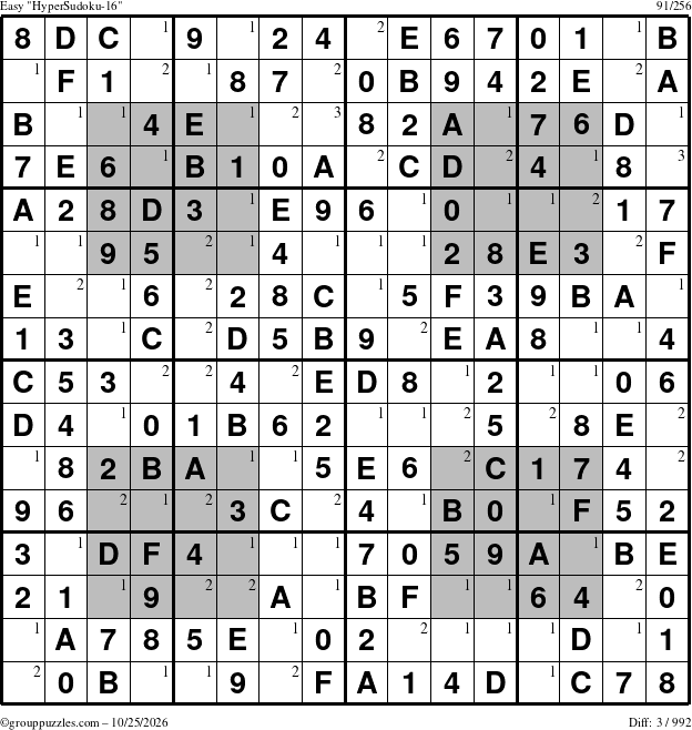 The grouppuzzles.com Easy HyperSudoku-16 puzzle for Sunday October 25, 2026 with the first 3 steps marked