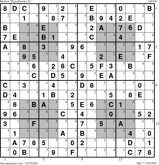 The grouppuzzles.com Medium HyperSudoku-16 puzzle for Sunday October 25, 2026, suitable for printing, with all 7 steps marked