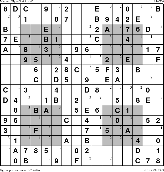 The grouppuzzles.com Medium HyperSudoku-16 puzzle for Sunday October 25, 2026 with the first 3 steps marked