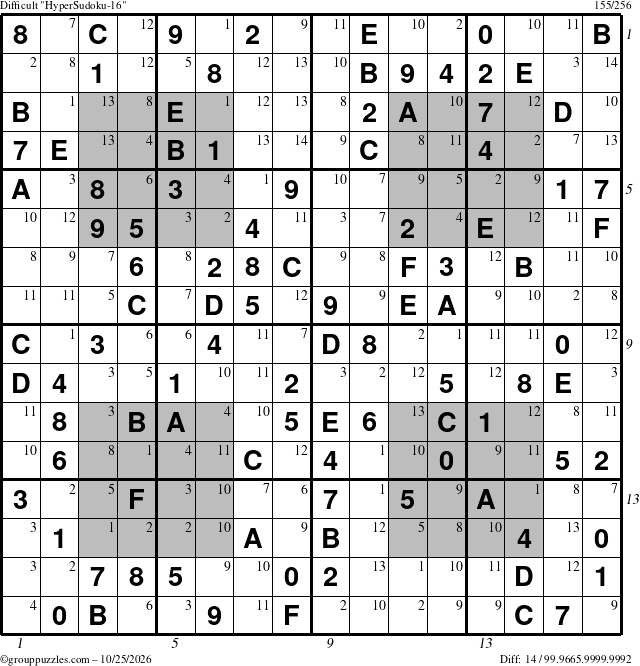 The grouppuzzles.com Difficult HyperSudoku-16 puzzle for Sunday October 25, 2026, suitable for printing, with all 14 steps marked