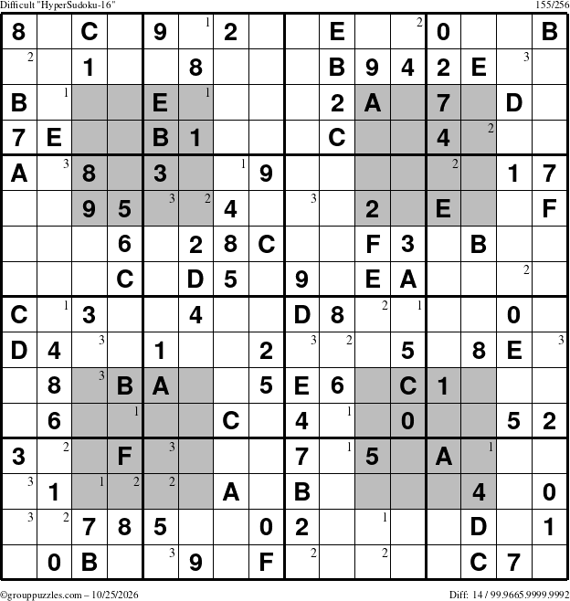 The grouppuzzles.com Difficult HyperSudoku-16 puzzle for Sunday October 25, 2026 with the first 3 steps marked