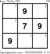 The grouppuzzles.com Easy TicTac-789 puzzle for Sunday October 25, 2026 with the first 2 steps marked