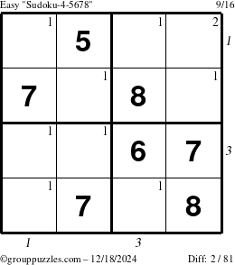 The grouppuzzles.com Easy Sudoku-4-5678 puzzle for Wednesday December 18, 2024 with all 2 steps marked