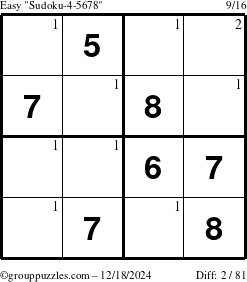 The grouppuzzles.com Easy Sudoku-4-5678 puzzle for Wednesday December 18, 2024 with the first 2 steps marked