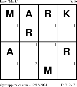 The grouppuzzles.com Easy Mark puzzle for Wednesday December 18, 2024 with the first 2 steps marked