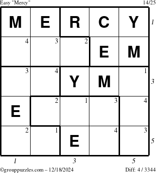 The grouppuzzles.com Easy Mercy puzzle for Wednesday December 18, 2024 with all 4 steps marked