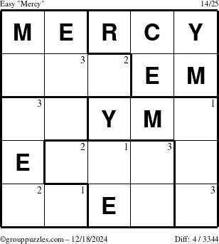 The grouppuzzles.com Easy Mercy puzzle for Wednesday December 18, 2024 with the first 3 steps marked