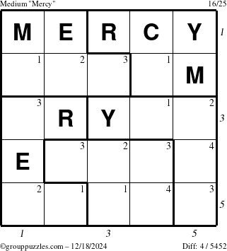 The grouppuzzles.com Medium Mercy puzzle for Wednesday December 18, 2024, suitable for printing, with all 4 steps marked