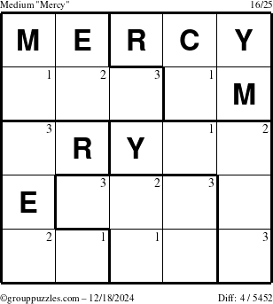 The grouppuzzles.com Medium Mercy puzzle for Wednesday December 18, 2024 with the first 3 steps marked