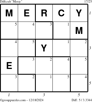 The grouppuzzles.com Difficult Mercy puzzle for Wednesday December 18, 2024, suitable for printing, with all 5 steps marked