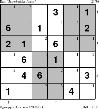 The grouppuzzles.com Easy SuperSudoku-Junior puzzle for Wednesday December 18, 2024 with all 3 steps marked