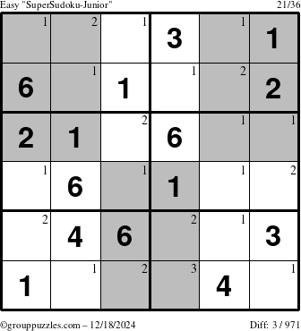 The grouppuzzles.com Easy SuperSudoku-Junior puzzle for Wednesday December 18, 2024 with the first 3 steps marked