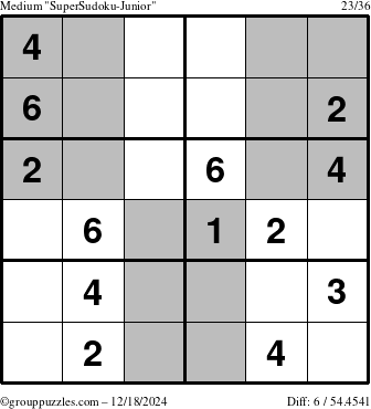 The grouppuzzles.com Medium SuperSudoku-Junior puzzle for Wednesday December 18, 2024