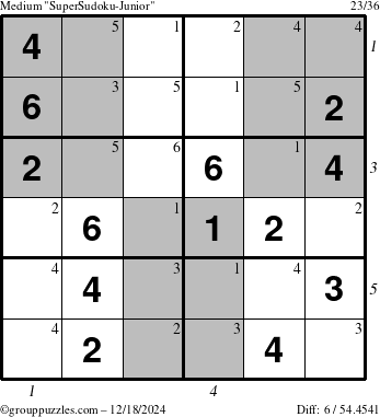 The grouppuzzles.com Medium SuperSudoku-Junior puzzle for Wednesday December 18, 2024 with all 6 steps marked