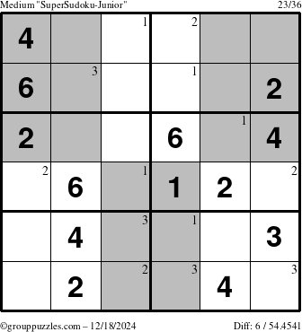 The grouppuzzles.com Medium SuperSudoku-Junior puzzle for Wednesday December 18, 2024 with the first 3 steps marked