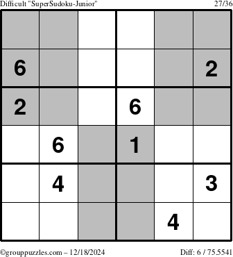 The grouppuzzles.com Difficult SuperSudoku-Junior puzzle for Wednesday December 18, 2024