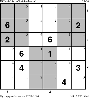 The grouppuzzles.com Difficult SuperSudoku-Junior puzzle for Wednesday December 18, 2024, suitable for printing, with all 6 steps marked