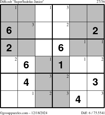 The grouppuzzles.com Difficult SuperSudoku-Junior puzzle for Wednesday December 18, 2024 with the first 3 steps marked